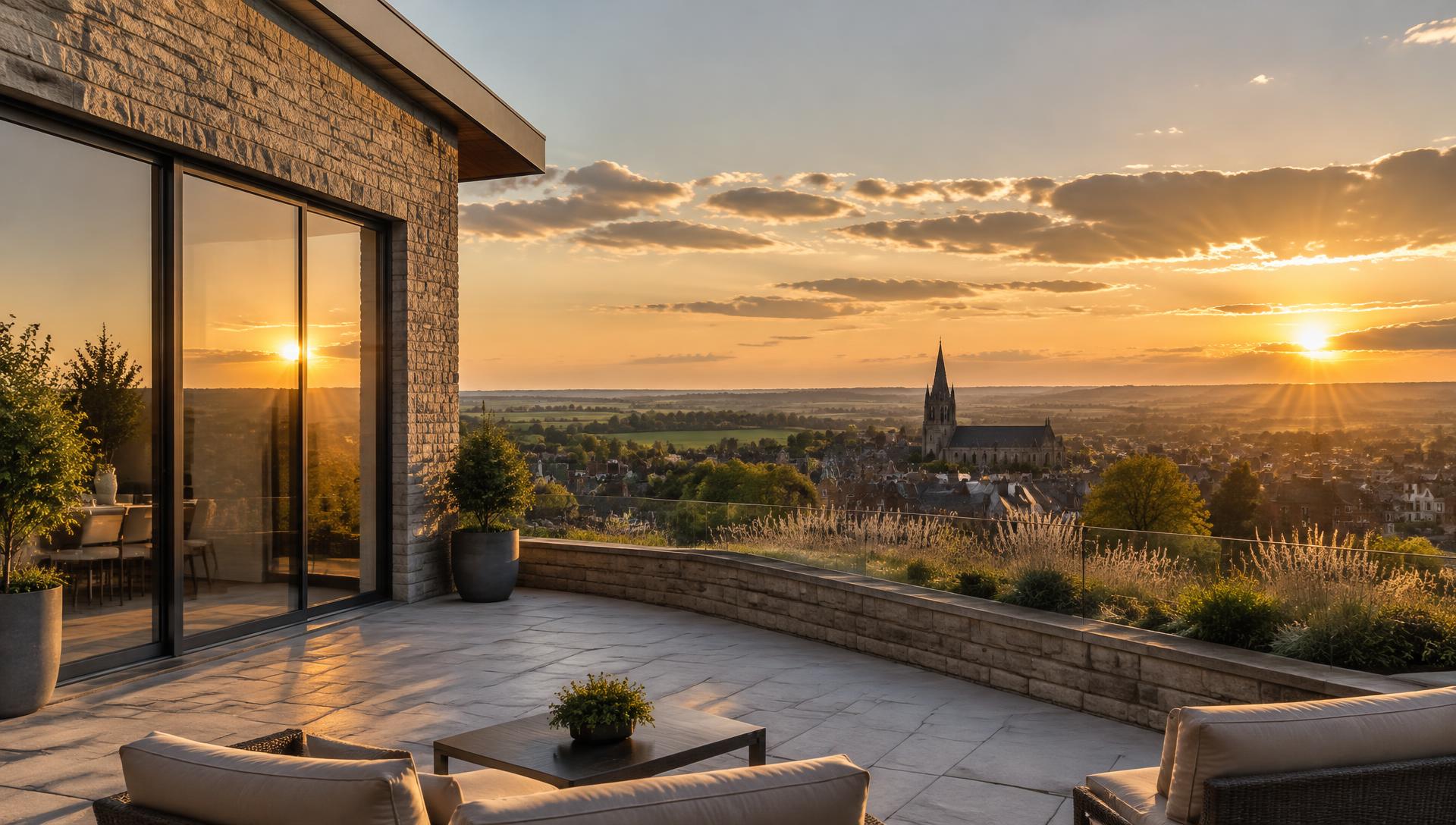 Dark modern terrace overlooking golden Grantham rooftops at sunset