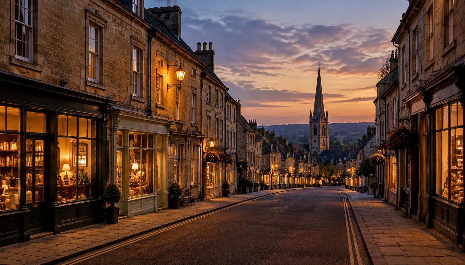 Stone market town street at dusk